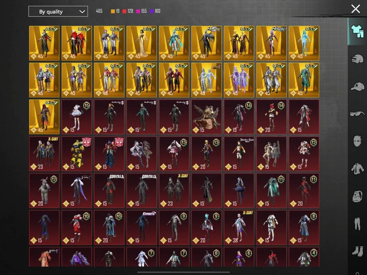 PGM242 19 GOLDEN SUITS, 35 KILLCHATS, 8 SPORTS CARS+DROP, 3 FULL M416, 7-X SUITS, Premium Mythic Costumes & Weapons (G)